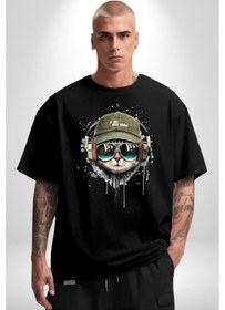Resim Havalı Pilot Şapkalı Müzik Dinleyen Kedi Pamuklu Bisiklet Yaka Unisex Oversize Boyfriend Dijital Baskılı Siyah T-shirt Siyah 