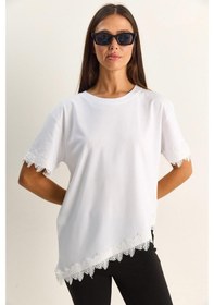 Resim Shade Kadın Bisiklet Yaka Dantel Detaylı Asimetrik Kesim Oversize T-shirt 2224 60286124 - Beyaz 