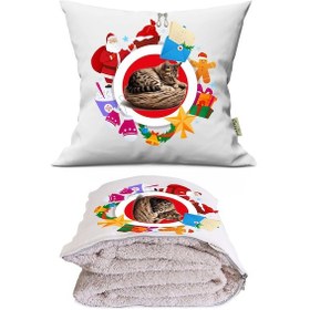 Resim Yeniyıl Renkli Kedi Baskılı Tv Battaniyeli Opsiyonel Dekoratif Yastık Kırlent 