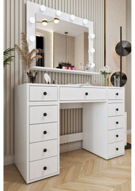 Resim Ases Mobilya Asl52 Hollywood Işıklı Makyaj Masası Bol Çekmeceli Modern Tasarım Beyaz Beyaz 