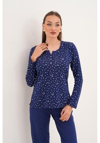 Resim Çift Kaplan Kadın Pamuk Modal Yıldızlı Açık Patlı Lacivert Pijama Takımı 7005 Lacivert 