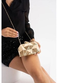 Resim Gold Metal Clutch Portföy Abiye Çanta Gold Abıye 