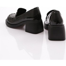 Resim Dgn 2101 Yüksek Taban Taş Detayli Loafer Kadin Ayakkabi SIYAH RUGAN 