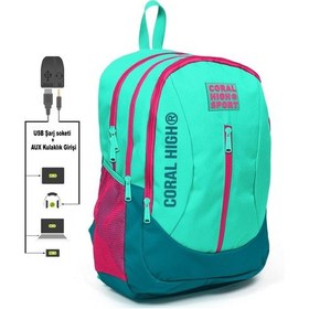 Resim Coral High Sport Su Yeşili Dört Bölmeli Usb Şarjlı Kulaklık Çıkışlı Sırt Çantası 