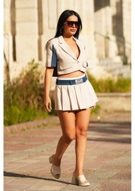 Resim Canım Kendim Store Kot Detaylı Crop Ceket Boxer Detaylı Şort Etek İkili Takım Bej 