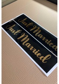 Resim Gelin Arabası Plakalık Just Married Yazılı Siyah Üzeri Gold Yazı Kendinden Yapışkanlı 
