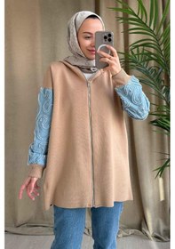Resim Ka Hijab Kolları Kot Detaylı Triko Hırka - Camel Camel 