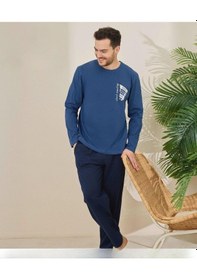 Resim Pijamoni Erkek Pamuklu Bisiklet Yaka Uzun Kol İnce Pijama Takımı 6150/6 - 1 Adet Mavi 