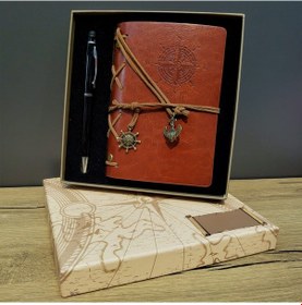 Resim Larimar Kahverengi Pusula Tasarım Deri Defter Ve Siyah Kalem Seti - 9040017909119lmr 