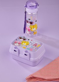 Resim ALİNA HOME Kendinden Kaşıklı 4 Bölmeli 2 Katlı Beslenme Kutusu ve 500 CC Pipetli Matara Kedili 