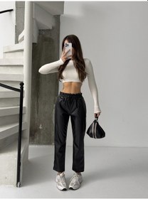 Resim Kadın Siyah Beli İpli Kemer Lastik Deri Pantolon Siyah 