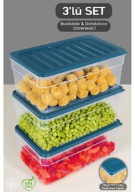 Resim 3'lü Derin Buzdolabı Organizer Set Düzenleyici Saklama Kabı Mikrodalga Difriz Kabı 2500 ML Mavi 