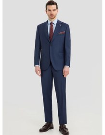 Resim Sabri Özel Erkek Açık Lacivert Dar Kesim Slim Fit Yünlü Çizgili Fleto Kapaklı Cep Çift Yırtmaçlı Tam Astarlı Mono Yaka 4 Drop Takım Elbise 