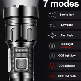 Resim COB Çalışma Işığı ile USB Şarj Edilebilir LED Taktiksel El Feneri - Yüksek Parlaklık 7 Modlu Alüminyum Alaşımlı Acil Durum Feneri, Pil ile Donatılmış, Yürüyüş, Kamp, Ev Kullanımı için Uygun 