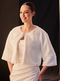 Resim Bolero Ceket - Taş Tokalı Şık Kadın Abiye & Gelin Üst (Siyah & Beyaz) - Beyaz 