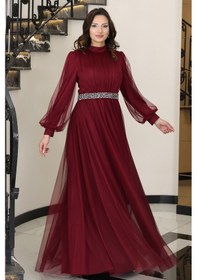 Resim Raika Moda Alia Şık Taş Detaylı Büyük Beden Tesettür Abiye - Alya Bordo 
