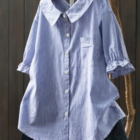 Resim Şık Karışık Kombinasyonlu Baharlık Orman Desenli Gömlek - Yetişkinler İçin %100 Polyester Casual Çizgili Gömlek 