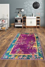 Resim Pelangi Mor Zemin Çiçek Desenli Yıkanabilir Kaymaz Taban Leke Tutmaz Modern Salon Halısı Ve Yolluk, Mor 100 x 300, 74571234100300728 