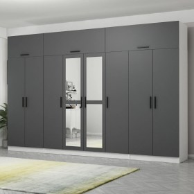 Resim Minar Kale 8 Kapaklı 2 Aynalı 2 Çekmeceli Dolap ve Yüklük Beyaz Antrasit 190 cm 