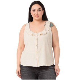 Resim Büyük Beden Fırfırlı Yaka Kolsuz Düğmeli Bej Rengi Bluz-bej Bej 