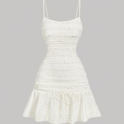 Resim Kadınlar için şık omuzdan ruffle hem midi elbise - Kolsuz, beyaz, yaz düğünleri ve resmi etkinlikler için mükemmel, yaz resmi elbise | Omuzdan moda | Polyester kumaş 