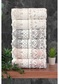 Resim Güpürlü Kadife Nakış İşlemeli Desenli Kutulu Lüks Çeyizlik 6'lı El Yüz Havlu Seti 50x90 - 00274 Çok Renkli 