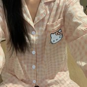 Resim İlkbahar ve Sonbahar Sevimli Hello Kitty Desenli Pijama Takımı, Rahat Kareli Uyku Giysisi - Sanrio Tarzı Ev Kıyafeti 
