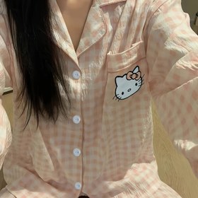 Resim İlkbahar ve Sonbahar Sevimli Hello Kitty Desenli Pijama Takımı, Rahat Kareli Uyku Giysisi - Sanrio Tarzı Ev Kıyafeti 