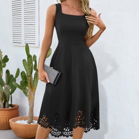 Resim 1 adet Elegant Yuvarlak Yaka A-Şerit Elbise ile Göz Deliği Detayı, Polyester Örgü Kumaş, Tek Renk, Tüm Mevsimler İçin Uygun 