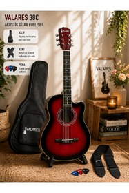 Resim valares 38C Kesik Kasa Kırmızı Akustik Gitar 38 İnç Sap Ayarlı Cutaway + Çanta Askı Pena Hediyeli Üst Segment 