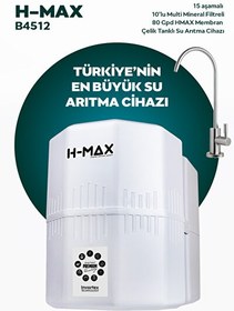 Resim H-MAX HMAXB4512 12 Litre Çelik Tanklı 15 Aşama Multi Mineralli 80 GPD Su Arıtma Cihazı 