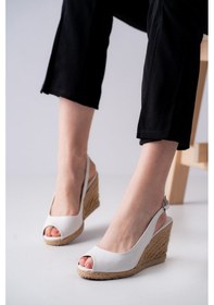 Resim Burnu Açık Arkası Bantlı Dolgu Topuk Beyaz Bayan Keten Hasır Espadril Beyaz 