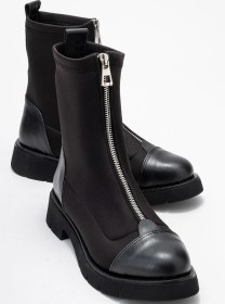 Resim Luvi Shoes Martos Siyah Cilt Streç Önden Fermuarlı Kadın Bot Siyah Streç 