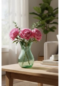 Resim Luvia Modern Çizgili Cam Vazo - 18 Cm Dekoratif Yeşil Çiçek Vazosu Koyu Yeşil 