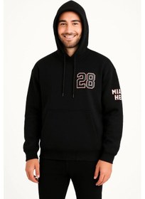Resim Erkek Kapşonlu Sweatshirt - Üç İplik Şardonlu Kumaş, Oversize Fit, Ön & Arka Baskılı, Kanguru Cepli, Kışlık Rahat Hoodie - Siyah Çok Renkli 