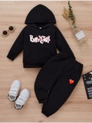 Resim My Blog Çocuk Oversize Siyah Kapüşonlu Üst Babygirl Alt Kalp Desenli Baskı 