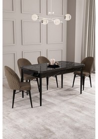 Resim Calvin Siyah Mermer Desen 80x132 Mdf Açılabilir Mutfak Masası Takımı 4 Adet Sandalye Kahverengi 