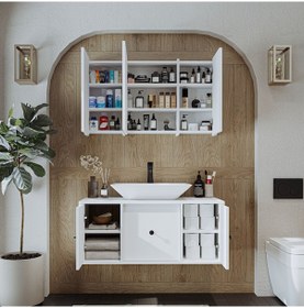 Resim Çanak Lavabolu Mat Mdf 105 Cm Banyo Dolabı + Aynalı Dolap Mat Beyaz 