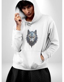 Resim Mavi Kurt Robot Kadın Erkek Beyaz Kapüşonlu Sweatshirt Hoodie Beyaz 