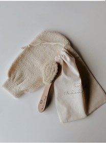 Resim Doğal Keçi Kılı Ahşap Bebek Fırçası Ve Pamuk Bebek Banyo Kesesi 2li Set 