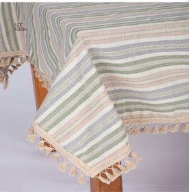 Resim Dnc Home Tekstil Buldan Dokuması Keten Renkli Çizgili Ponponlu Masa Örtüsü Krem 