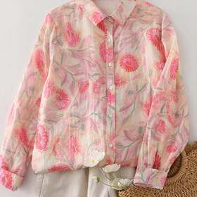 Resim Kadınlar için Şık Çiçek Baskılı Düğmeli Gömlek - Hafif Polyester, Uzun Kollu, Yaka, Makinede Yıkanabilir, Pembe ve Şeftali Çiçek Desenli Tasarım, İlkbahar ve Sonbahar için Mükemmel, Çiçekli Baskılı Bluz 