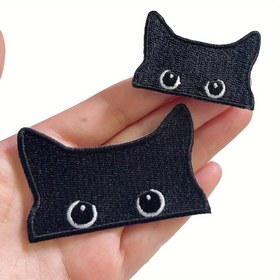 Resim 2 adet Sevimli Kedi Yüzü Nakışlı Demir-Al Patches, Siyah Pamuk Aplikasyonlar Giyim, Kotlar, Ceketler için - Kolay Uygulama, Ütüleme Gerektirmez, Dekoratif Patches | Oyunlu Tasarım | Kendinden yapışkanlı Patches 