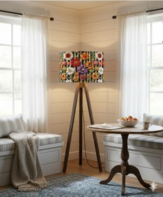 Resim Papatya Çiçekleri Desenli Masif Çam Ayaklı Kumaş Tripod Lambader Çok Renkli 