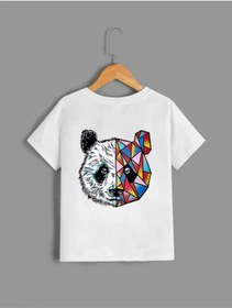 Resim AFROKİDS Çocuk Unisex Oversize Beyaz Geometrik Panda Ön-arka Baskılı T-shirt 
