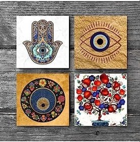 Resim Nazar, Nar Ağacı, Fatma Ana Eli (Hamsa) Taş Bardak Altlığı Seti - 4 Parça - Dekoratif, Rustik Mutfak Aksesuarı, 10x10 cm, Kaydırmaz Tabanlı, Şık ve Dayanıklı SC509 