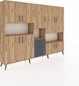 Resim Arges Dolap 13 Raflı 3 Çekmeceli 9 Kapaklı 220x30x163 Çam-çam/antrasit Atlas Çam/antrasıt - Atlas Çam 