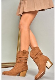 Resim Fox Shoes T296713002 Taba Süet Kalın Topuklu Kadın Bot Taba-Süet Taba 