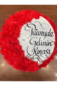 Resim GÜRLEK TEKSTİL Kırmızı Gelin Tefi 30 cm Üç Boyutlu Çiçek Saten Kurdele Süslü, Düğün Kına Nedime 