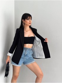 Resim han fashion Kadın Kruvaze Yaka Düğmesiz Cepli Astarlı Siyah Blazer Ceket 